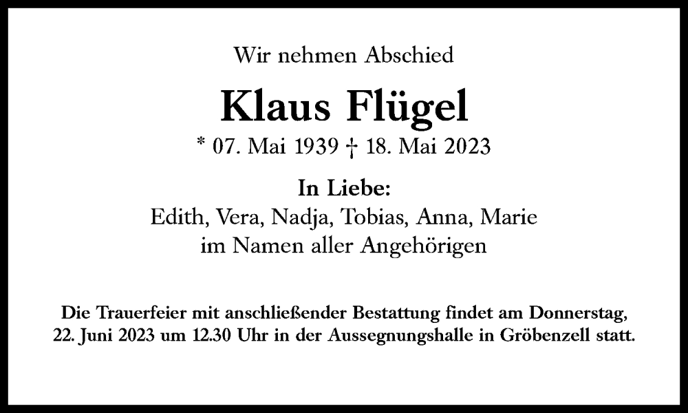  Traueranzeige für Klaus Flügel vom 31.05.2023 aus Süddeutsche Zeitung