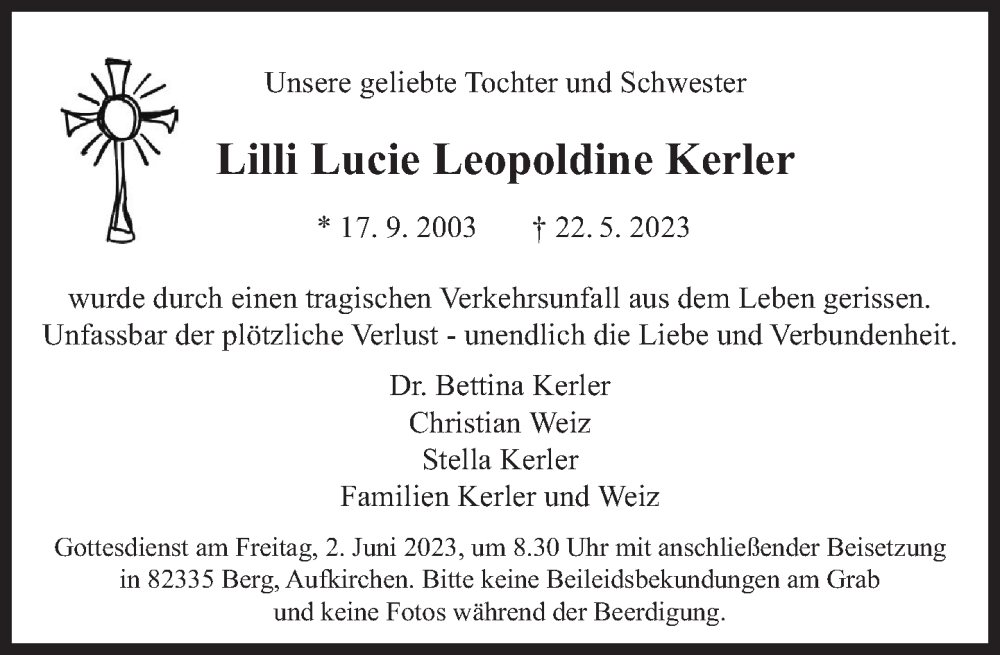  Traueranzeige für Lilli Lucie Leopoldine Kerler vom 31.05.2023 aus Süddeutsche Zeitung