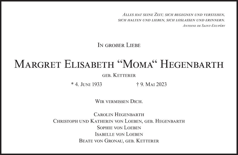  Traueranzeige für Margret Elisabeth Hegenbarth vom 13.05.2023 aus Süddeutsche Zeitung