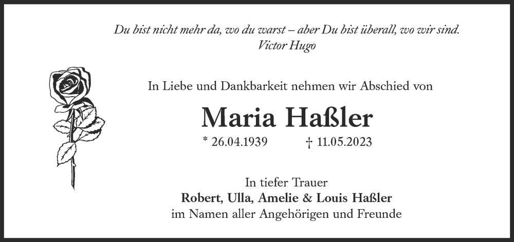  Traueranzeige für Maria Haßler vom 19.05.2023 aus Süddeutsche Zeitung