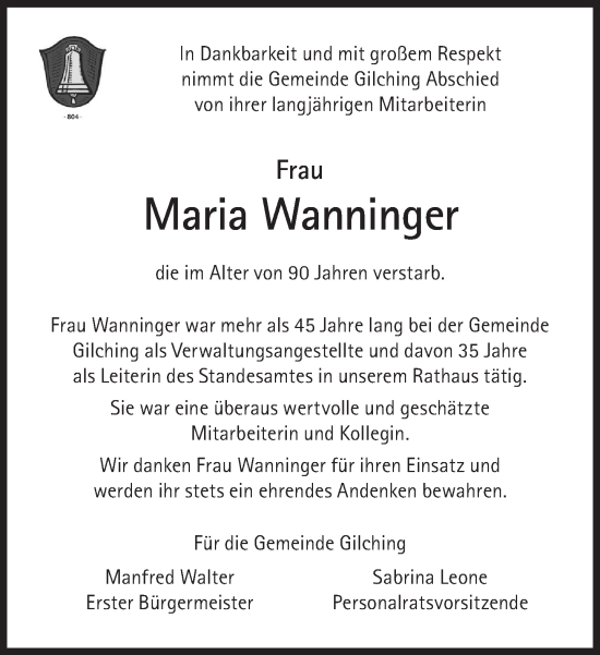 Traueranzeige von Maria Wanninger von Süddeutsche Zeitung