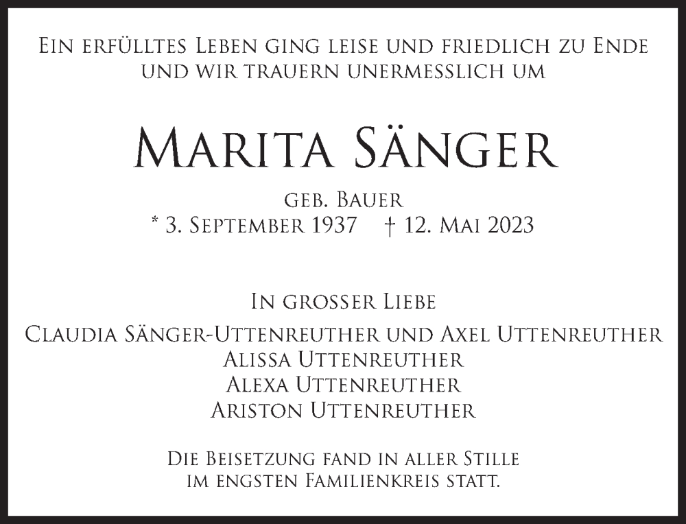  Traueranzeige für Marita Sänger vom 27.05.2023 aus Süddeutsche Zeitung