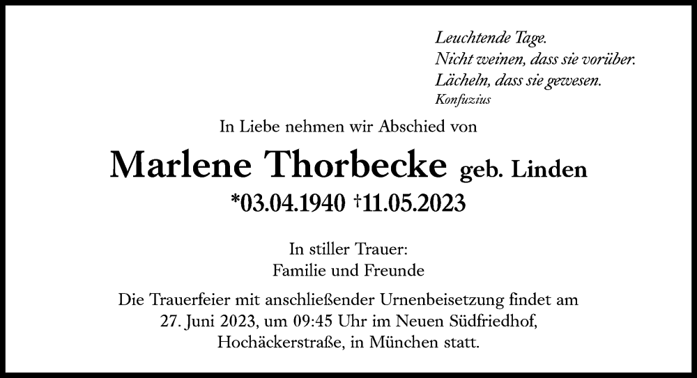  Traueranzeige für Marlene Thorbecke vom 27.05.2023 aus Süddeutsche Zeitung