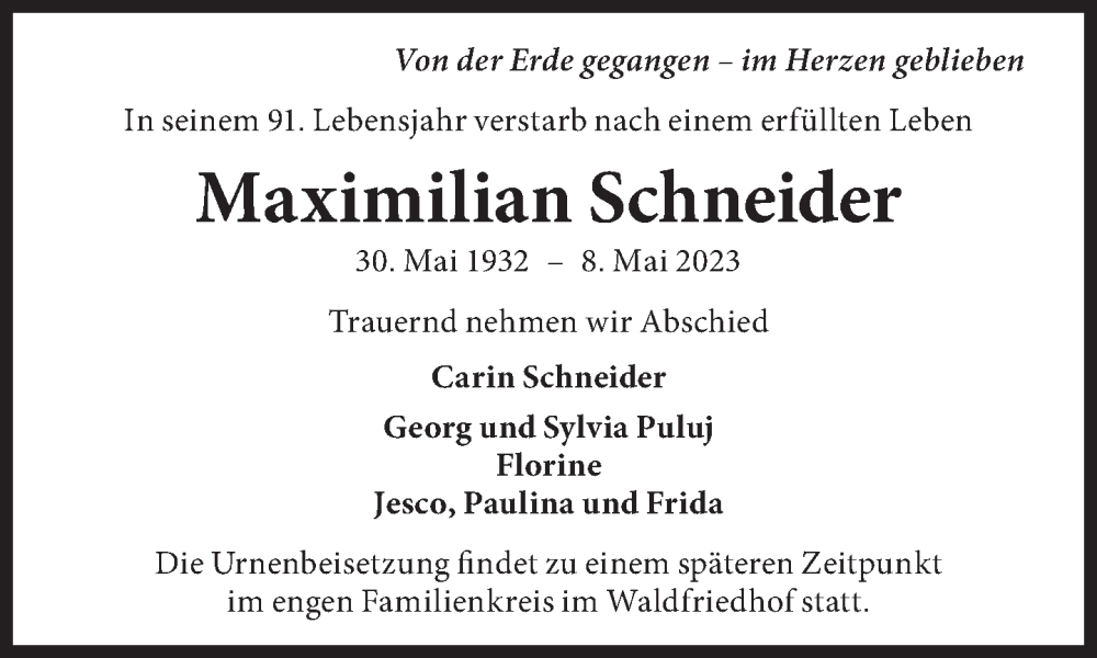  Traueranzeige für Maximilian Schneider vom 13.05.2023 aus Süddeutsche Zeitung