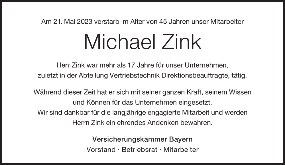  Traueranzeige für Michael Zink vom 27.05.2023 aus Süddeutsche Zeitung