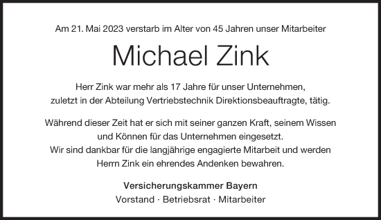 Traueranzeige von Michael Zink von Süddeutsche Zeitung