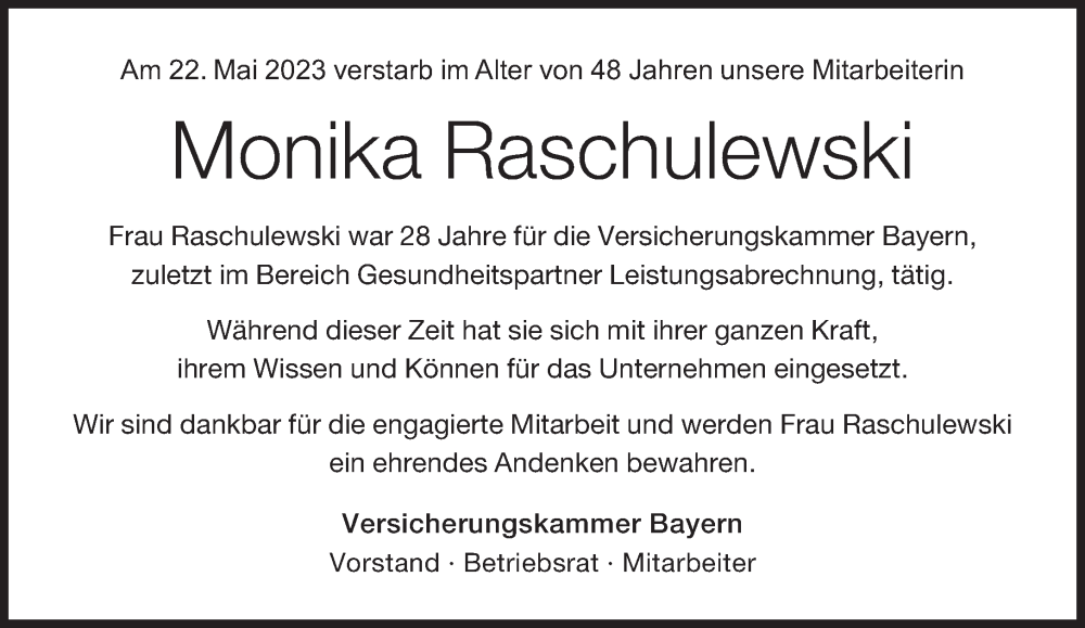  Traueranzeige für Monika Raschulewski vom 31.05.2023 aus Süddeutsche Zeitung