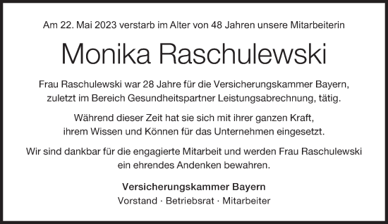 Traueranzeige von Monika Raschulewski von Süddeutsche Zeitung