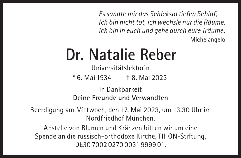  Traueranzeige für Natalie Reber vom 13.05.2023 aus Süddeutsche Zeitung