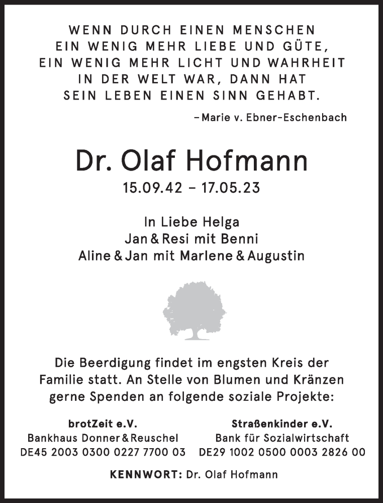  Traueranzeige für Olaf Hofmann vom 27.05.2023 aus Süddeutsche Zeitung