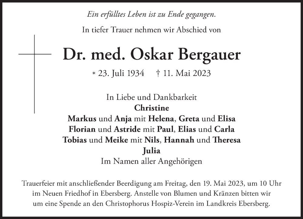  Traueranzeige für Oskar Bergauer vom 16.05.2023 aus Süddeutsche Zeitung