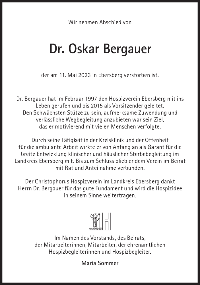  Traueranzeige für Oskar Bergauer vom 20.05.2023 aus Süddeutsche Zeitung