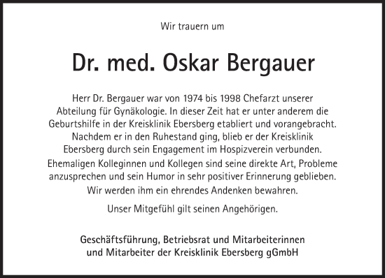 Traueranzeige von Oskar Bergauer von Süddeutsche Zeitung