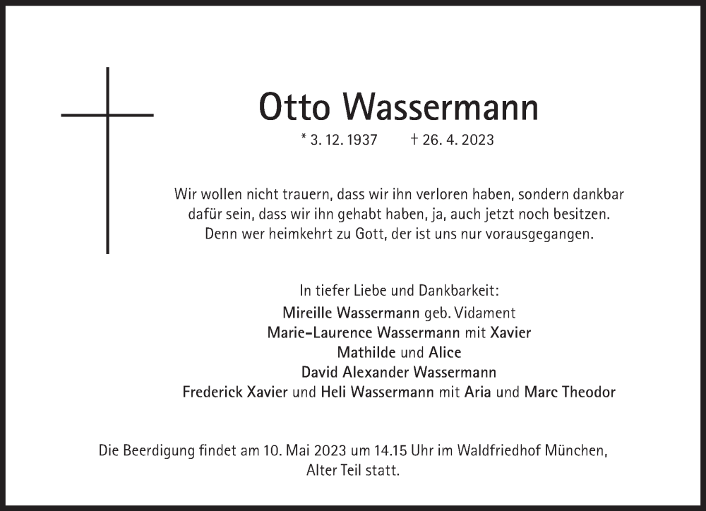  Traueranzeige für Otto Wassermann vom 06.05.2023 aus Süddeutsche Zeitung