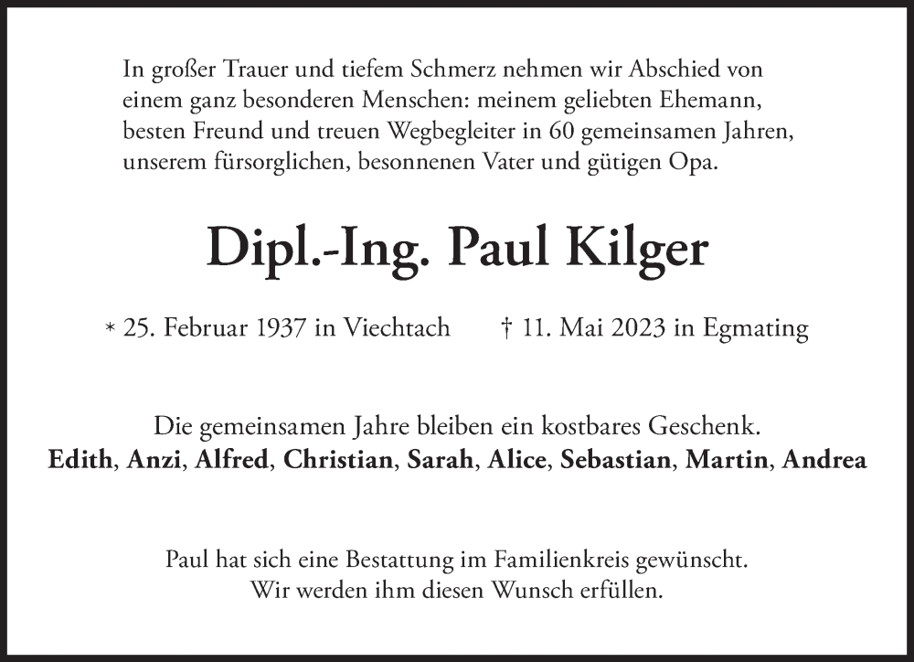  Traueranzeige für Paul Kilger vom 20.05.2023 aus Süddeutsche Zeitung