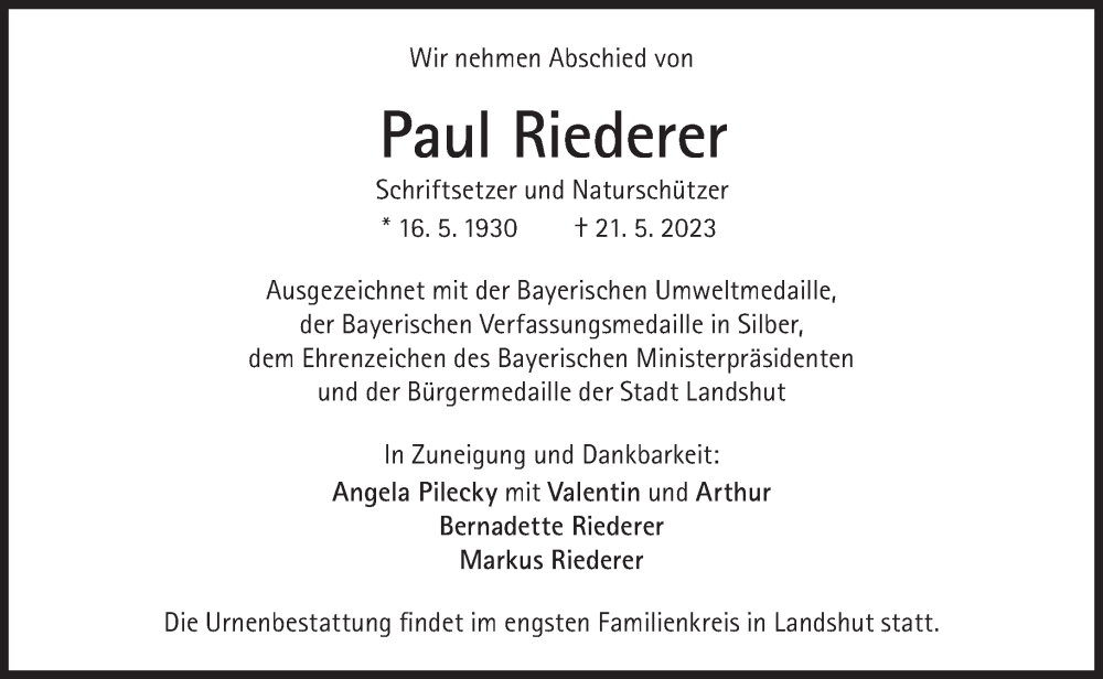  Traueranzeige für Paul Riederer vom 27.05.2023 aus Süddeutsche Zeitung