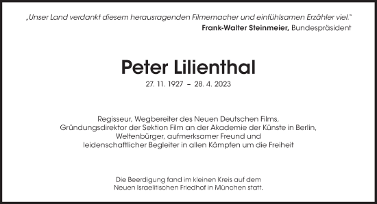 Traueranzeige von Peter Lilienthal von Süddeutsche Zeitung
