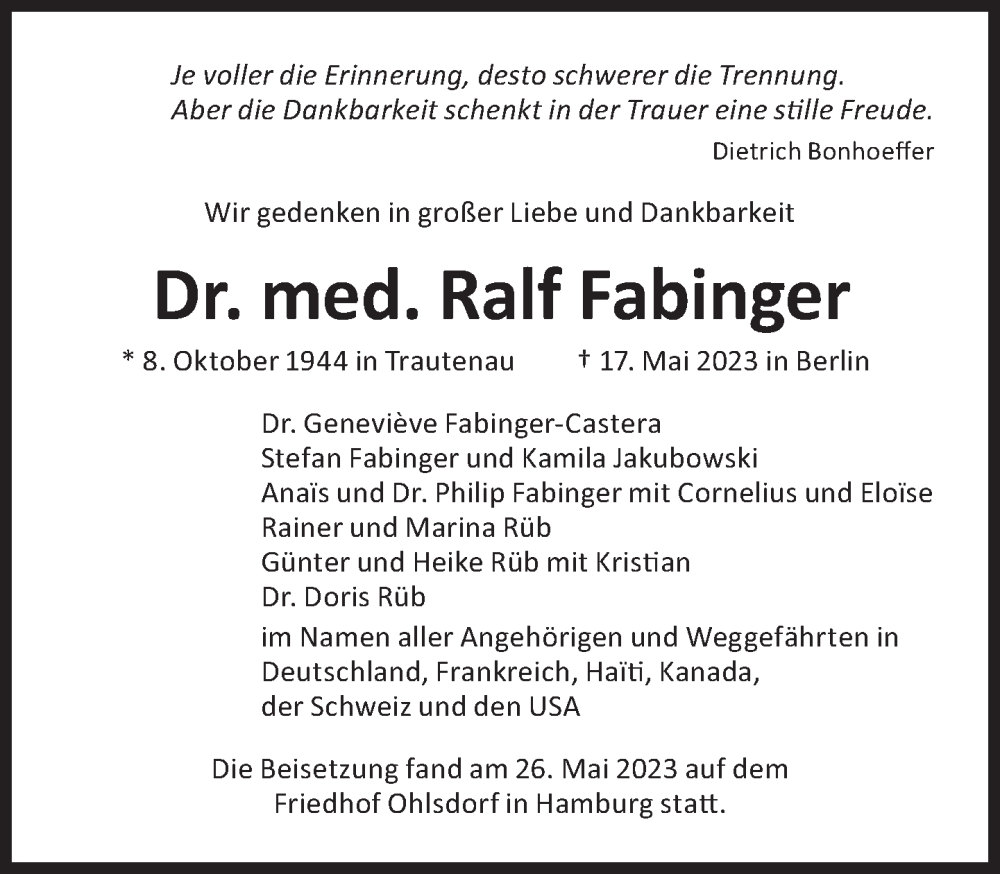  Traueranzeige für Ralf Fabinger vom 27.05.2023 aus Süddeutsche Zeitung
