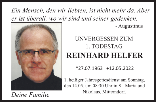 Traueranzeige von Reinhard Helfer von Süddeutsche Zeitung