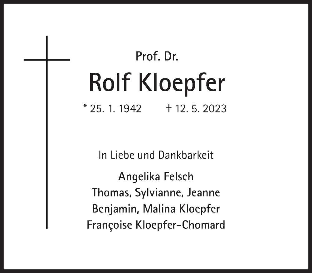  Traueranzeige für Rolf Kloepfer vom 20.05.2023 aus Süddeutsche Zeitung