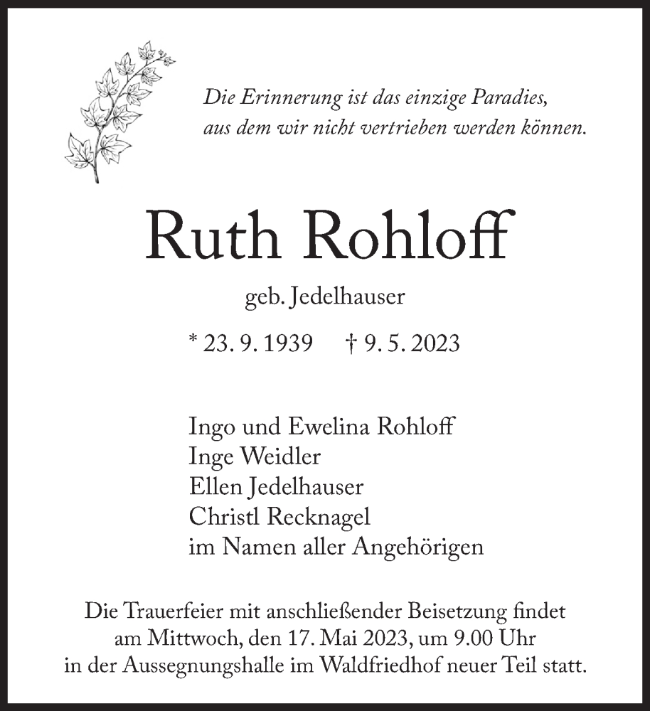  Traueranzeige für Ruth Rohloff vom 13.05.2023 aus Süddeutsche Zeitung