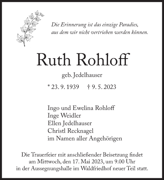 Traueranzeige von Ruth Rohloff von Süddeutsche Zeitung