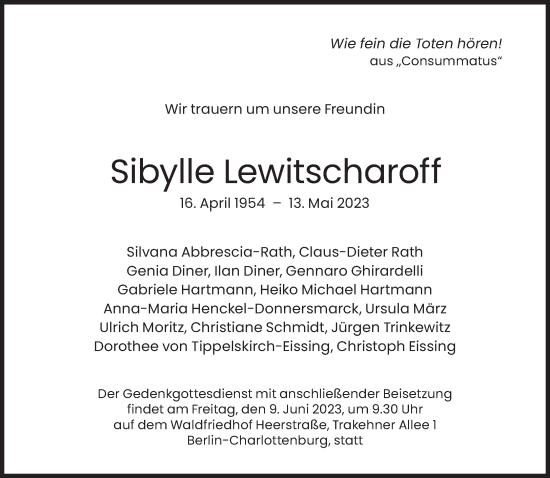 Traueranzeige von Sibylle Lewitscharoff von Süddeutsche Zeitung