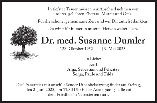 Traueranzeige von Susanne Dumler von Süddeutsche Zeitung