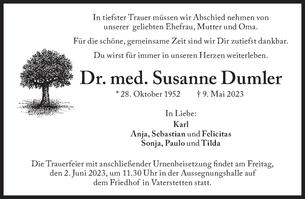  Traueranzeige für Susanne Dumler vom 19.05.2023 aus Süddeutsche Zeitung