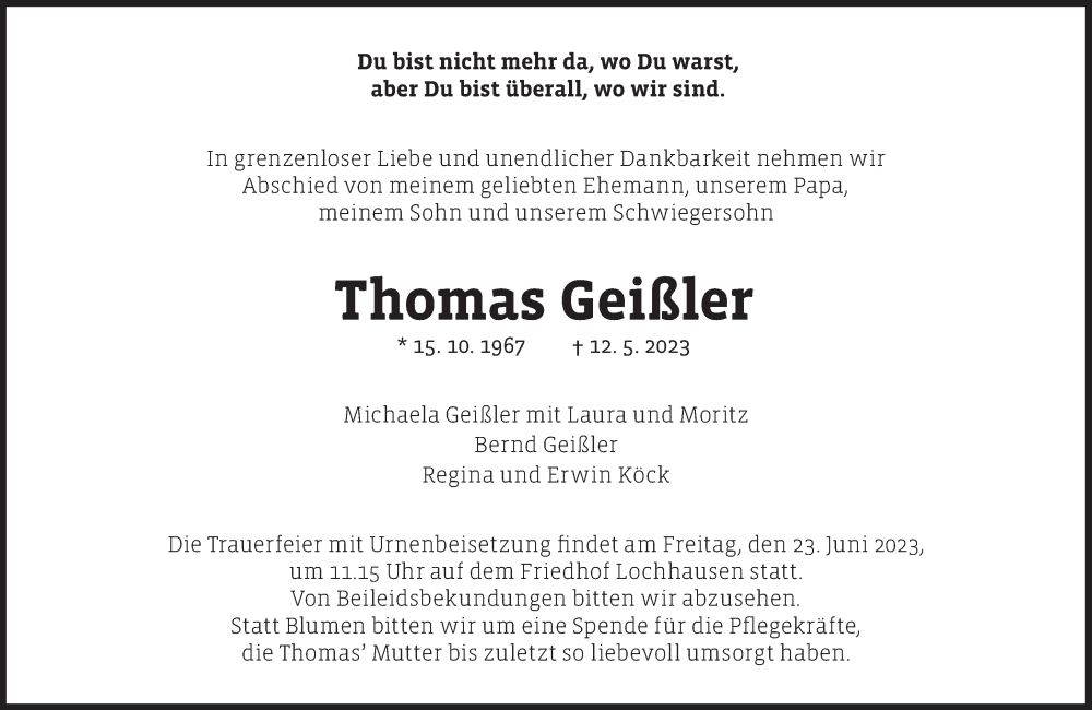  Traueranzeige für Thomas Geißler vom 27.05.2023 aus Süddeutsche Zeitung
