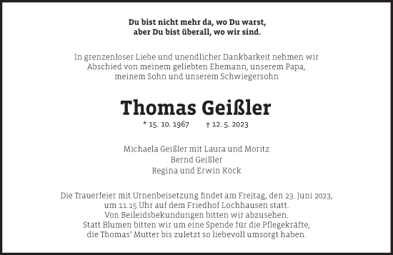 Traueranzeige von Thomas Geißler von Süddeutsche Zeitung