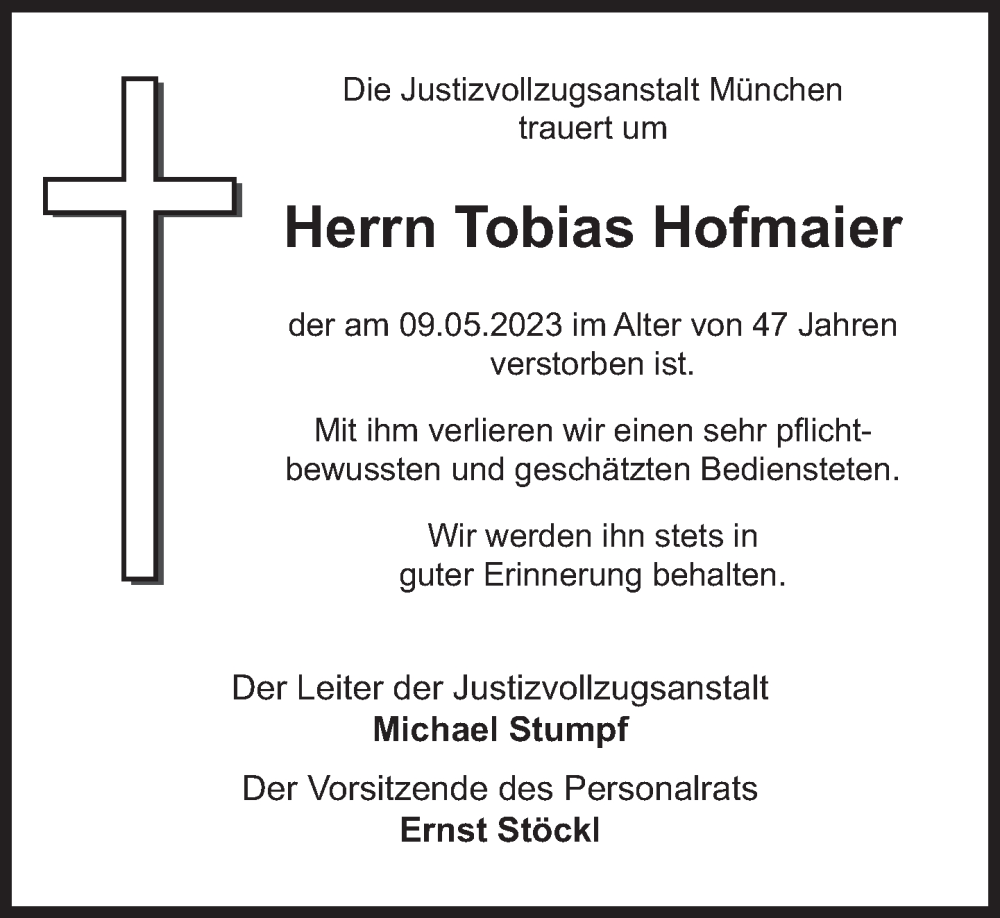  Traueranzeige für Tobias Hofmaier vom 13.05.2023 aus Süddeutsche Zeitung