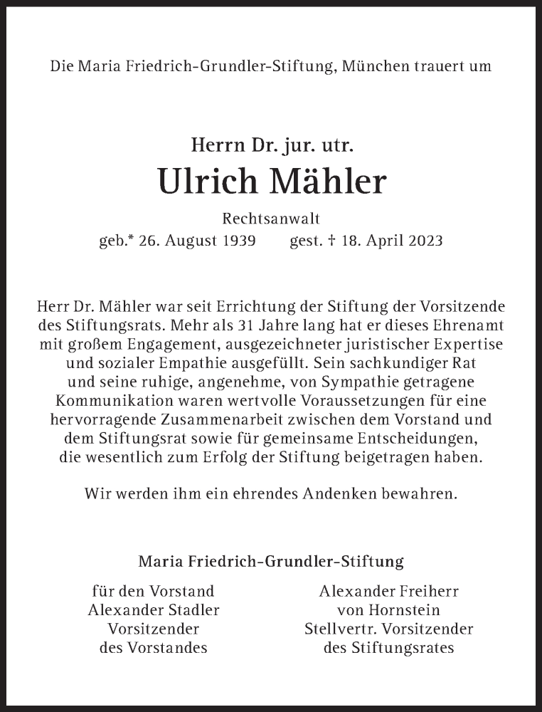  Traueranzeige für Ulrich Mähler vom 27.05.2023 aus Süddeutsche Zeitung