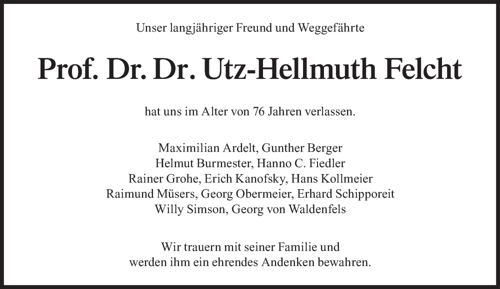  Traueranzeige für Utz-Hellmuth Walter Felcht vom 27.05.2023 aus Süddeutsche Zeitung
