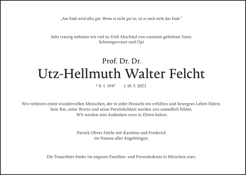  Traueranzeige für Utz-Hellmuth Walter Felcht vom 27.05.2023 aus Süddeutsche Zeitung