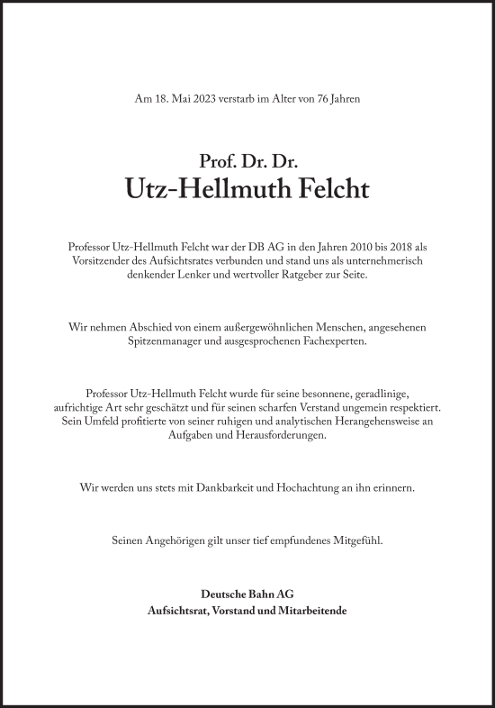 Traueranzeige von Utz-Hellmuth Walter Felcht von Süddeutsche Zeitung