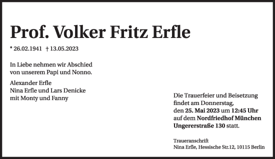 Traueranzeige von Volker Fritz Erfle von Süddeutsche Zeitung