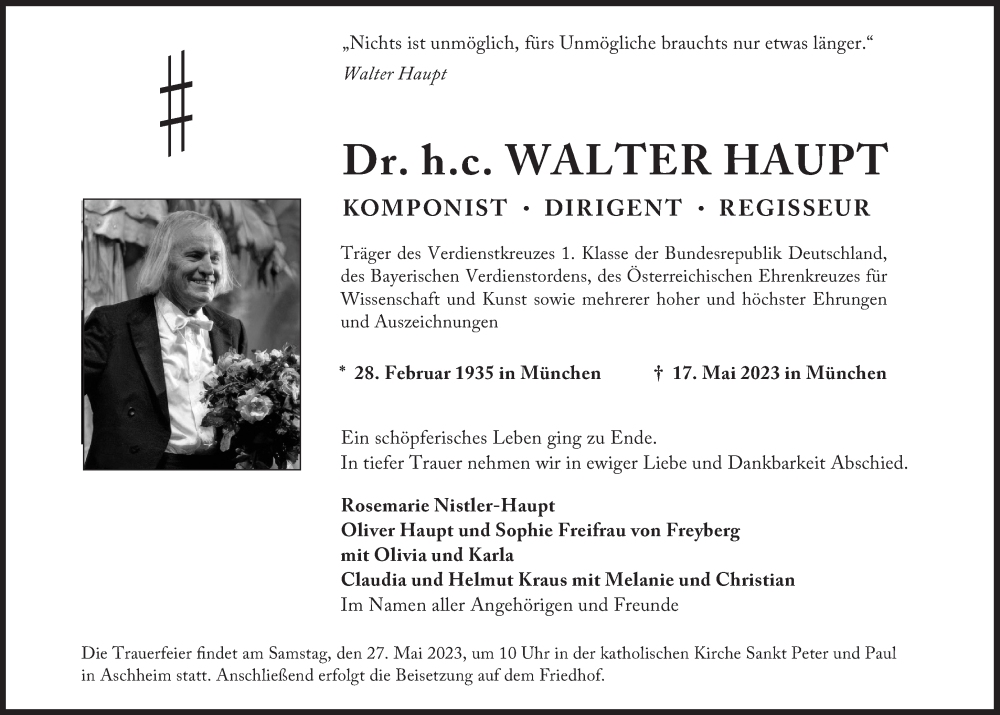  Traueranzeige für Walter Haupt vom 23.05.2023 aus Süddeutsche Zeitung