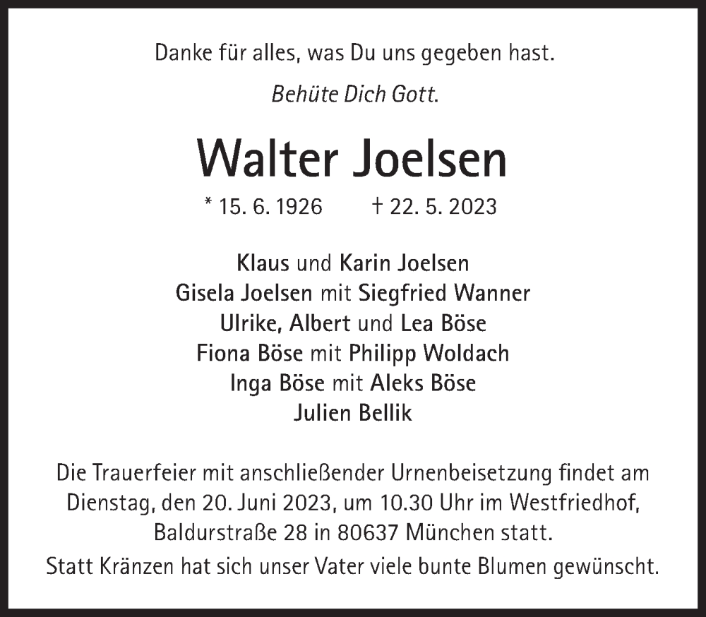  Traueranzeige für Walter Joelsen vom 27.05.2023 aus Süddeutsche Zeitung