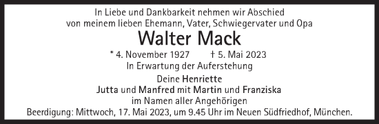 Traueranzeige von Walter Mack von Süddeutsche Zeitung