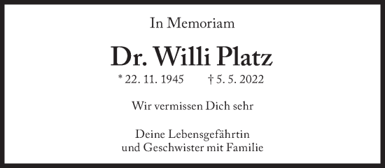 Traueranzeige von Willi Platz von Süddeutsche Zeitung
