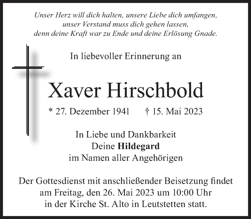  Traueranzeige für Xaver Hirschbold vom 23.05.2023 aus Süddeutsche Zeitung