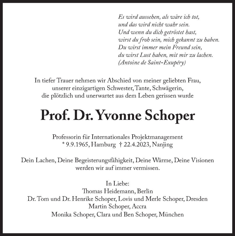  Traueranzeige für Yvonne Schoper vom 06.05.2023 aus Süddeutsche Zeitung