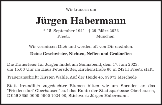 Traueranzeige von Jürgen Habermann von Süddeutsche Zeitung