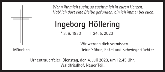 Traueranzeige von Ingeborg Höllering von Süddeutsche Zeitung