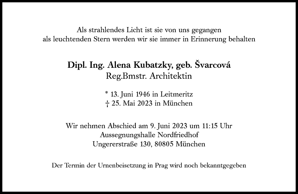  Traueranzeige für Alena Kubatzky vom 03.06.2023 aus Süddeutsche Zeitung