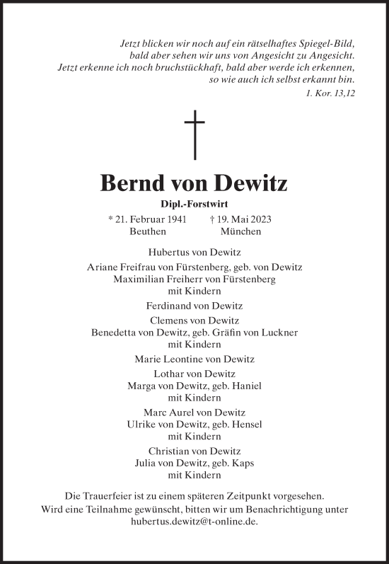 Traueranzeige von Bernd  von Dewitz von Süddeutsche Zeitung