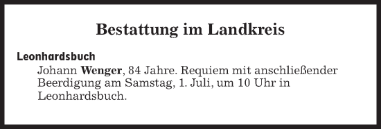 Traueranzeige von Bestattungen vom 01.07.2023 von Süddeutsche Zeitung