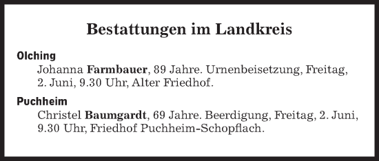 Traueranzeige von Bestattungen vom 02.06.2023 von Süddeutsche Zeitung