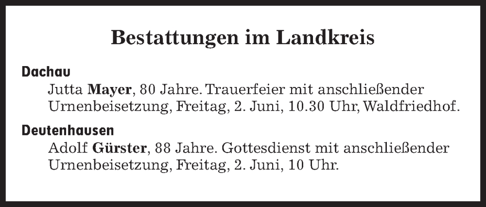  Traueranzeige für Bestattungen vom 02.06.2023 vom 02.06.2023 aus Süddeutsche Zeitung